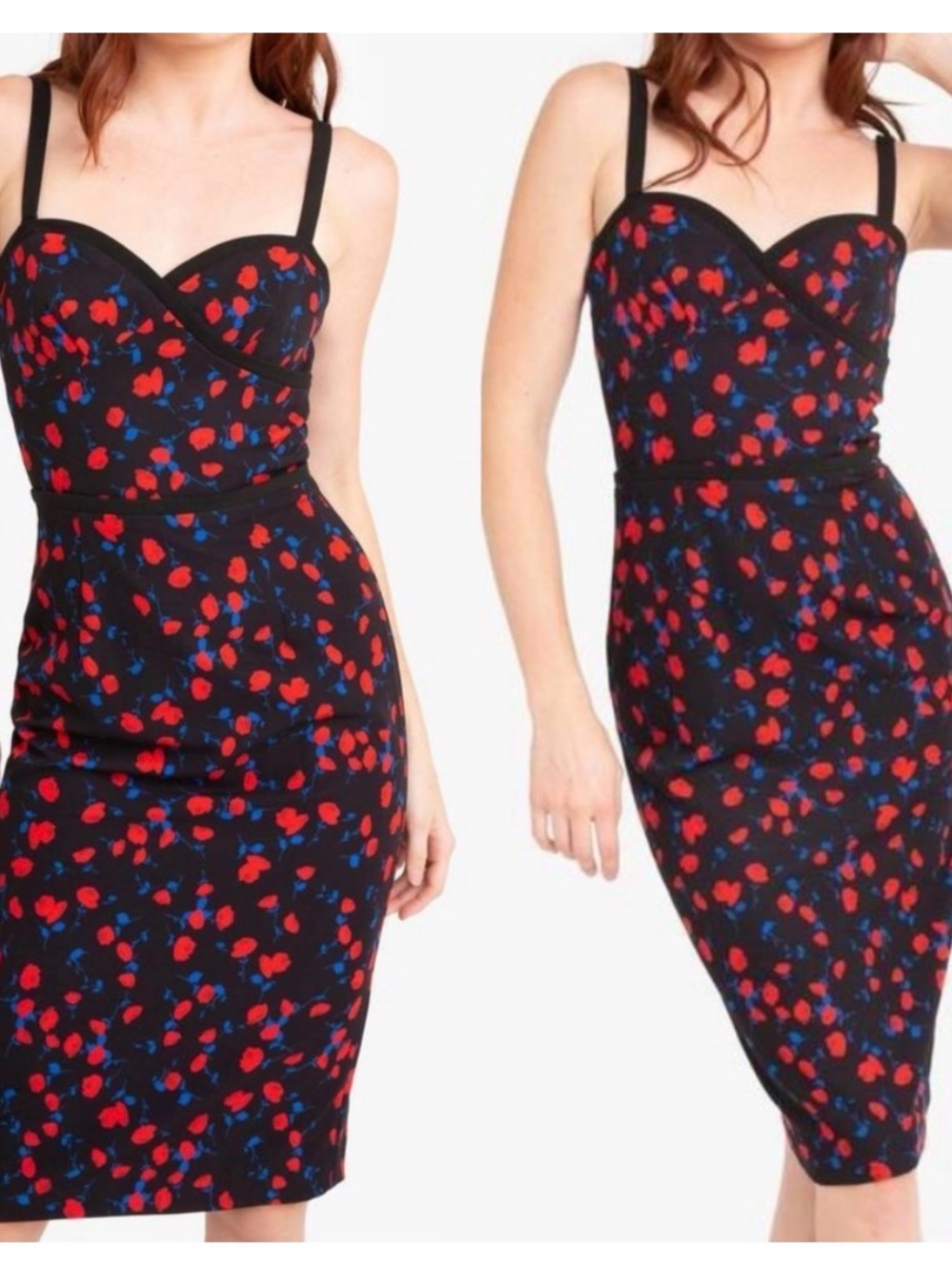 Black Halo Floral Daria  Dress Size 6 Sweetheart Neck Red Blue Print Cocktail